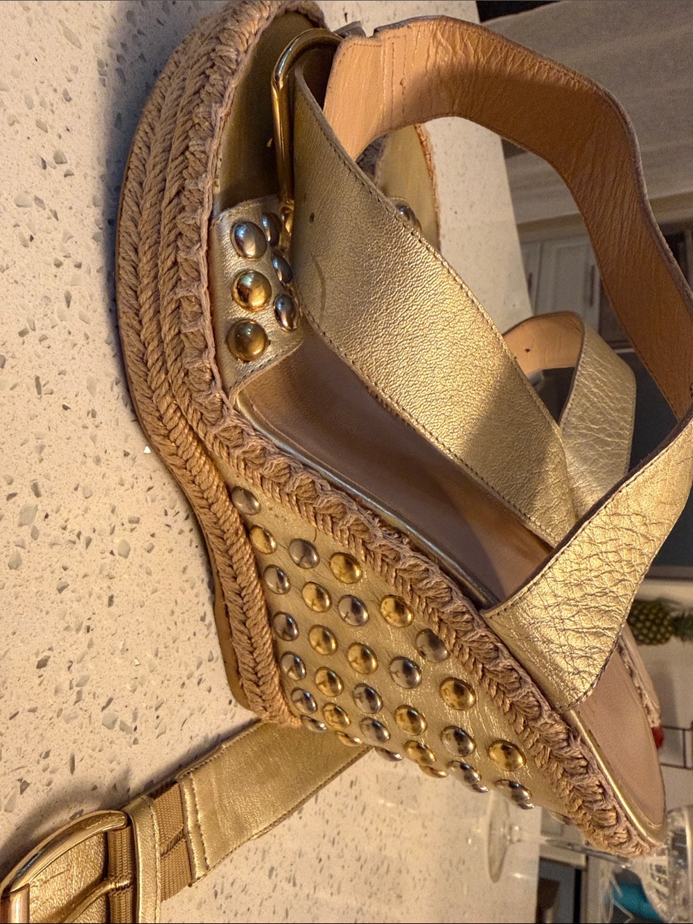 Stuart Weitzman Gold Metallic Studded Espadrille Wedge